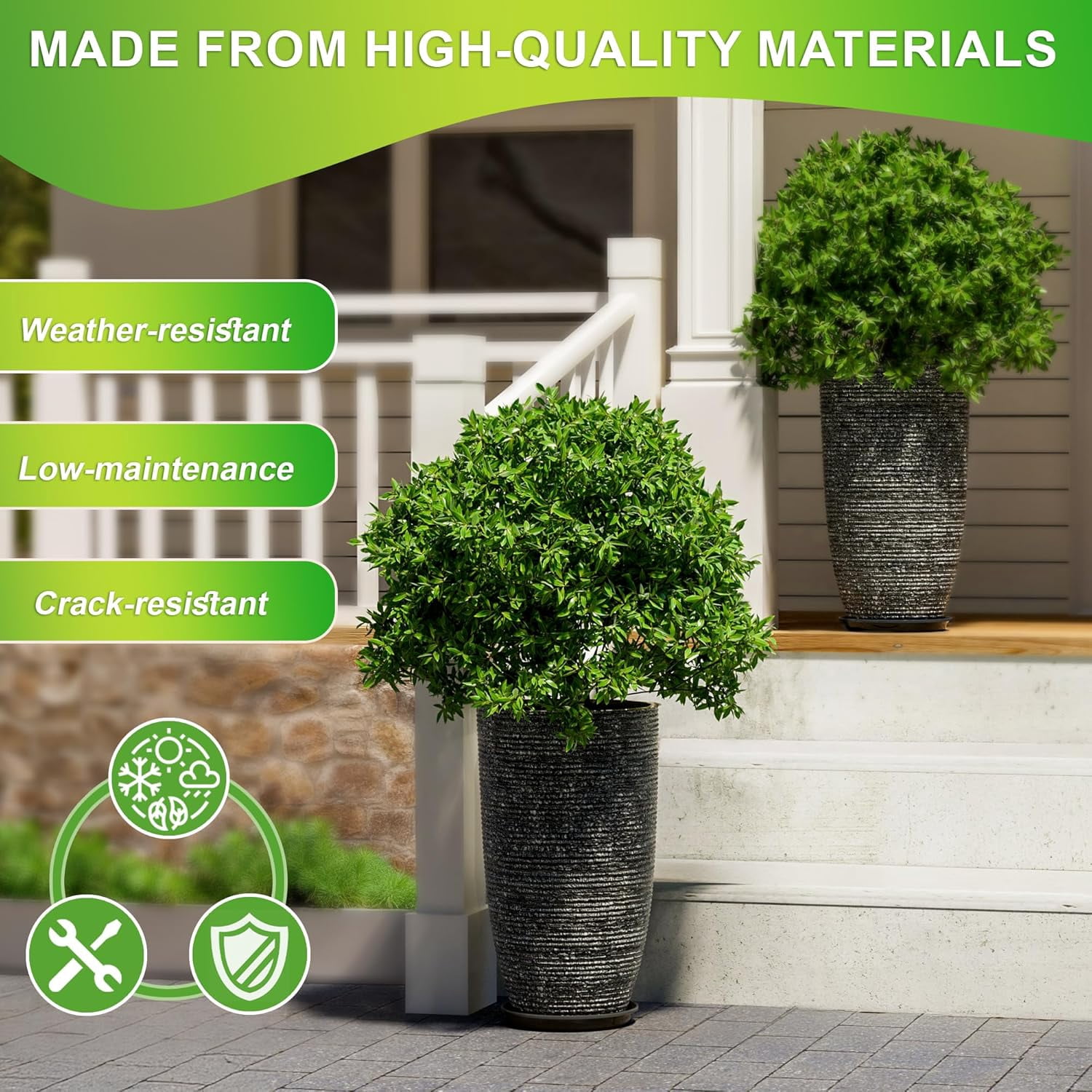 QCQHDU 21 inch Tall Planters with Saucer,2 Pack 9 Gallon Stone Round Pots for Indoor Plants,Outdoor Patio & Porch Decor, Heavy Duty Weatherproof Plant Containers,Dark Gray