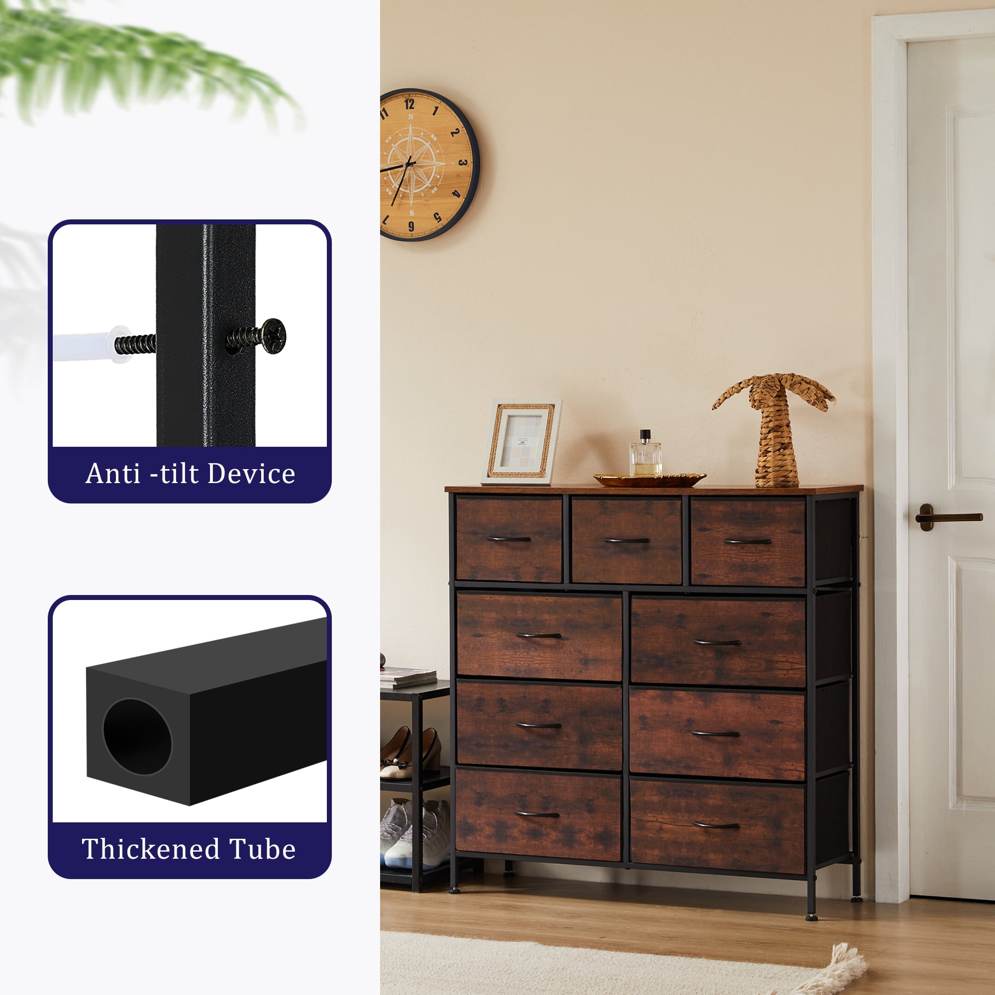 EDX 9 Drawer Dresser, Wide Chest of Drawers Nightstand Storage Tower Storage Fabric Dresser with Wood Top for Living Room, Bedroom, Hallway,Rustic Brown