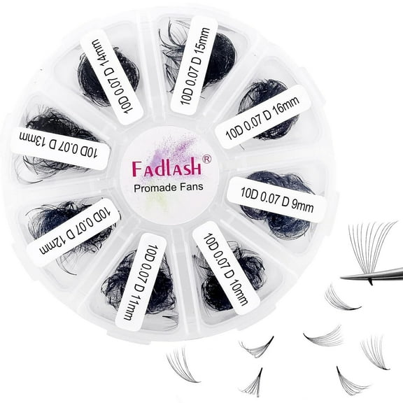 Fadlash 1000 Fans Mixed Volume Eyelash Extensions Tray - 10D Premade Fans, D Curl Lash Fans, Pointed Handmade Loose Thin Base Fans (10D-0.07D, 9-16mm)