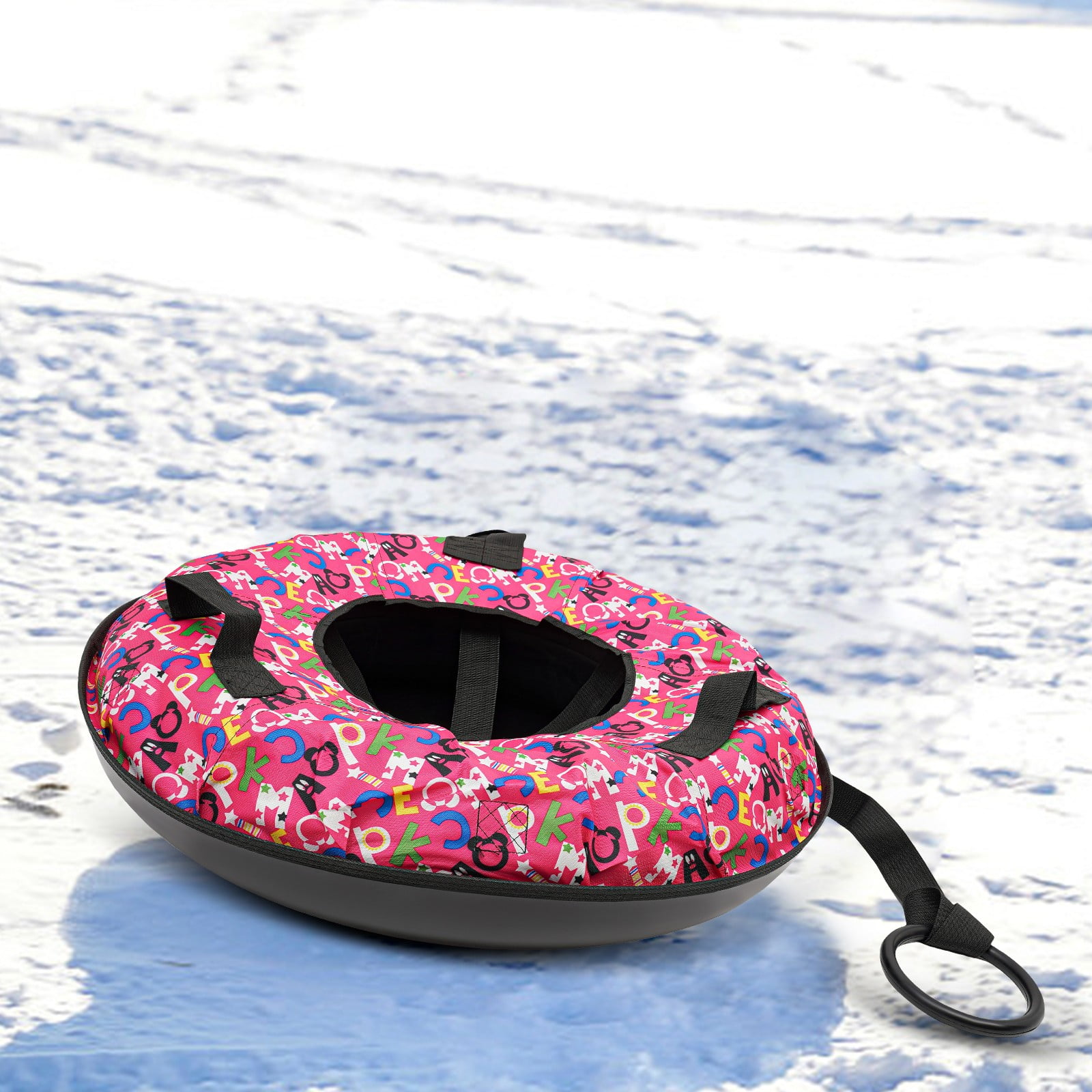 ToppiJoy 31.49'' Snow Tube Heavy Duty Oxford Cloth Inflatable Snow Sled for Sledding with Tow Strap Pink Snow Tube Sled with 2 Grippable Handles Hold up 220.46-396.83lbs