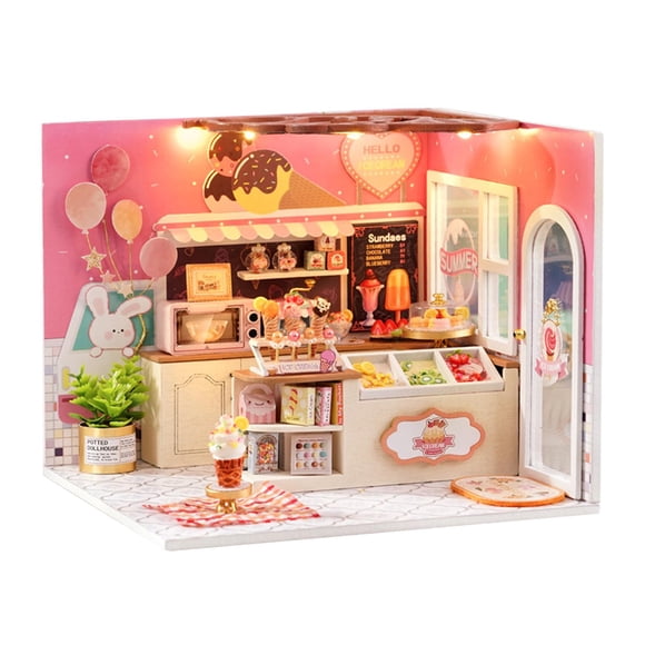 Casa de muñecas DIY Casa de muñecas con luces DIY Mini adornos de madera para adultos Amigos Heladería