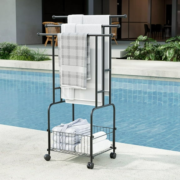 Towel Racks for Bathroom, 42" H 3-Tier Durable Black Reinforced Alloy Stand with Wheels and Basket, Free Standing Towel Rack, Multi-Use Blanket Rack for Indoor/Outdoor Bathroom Display