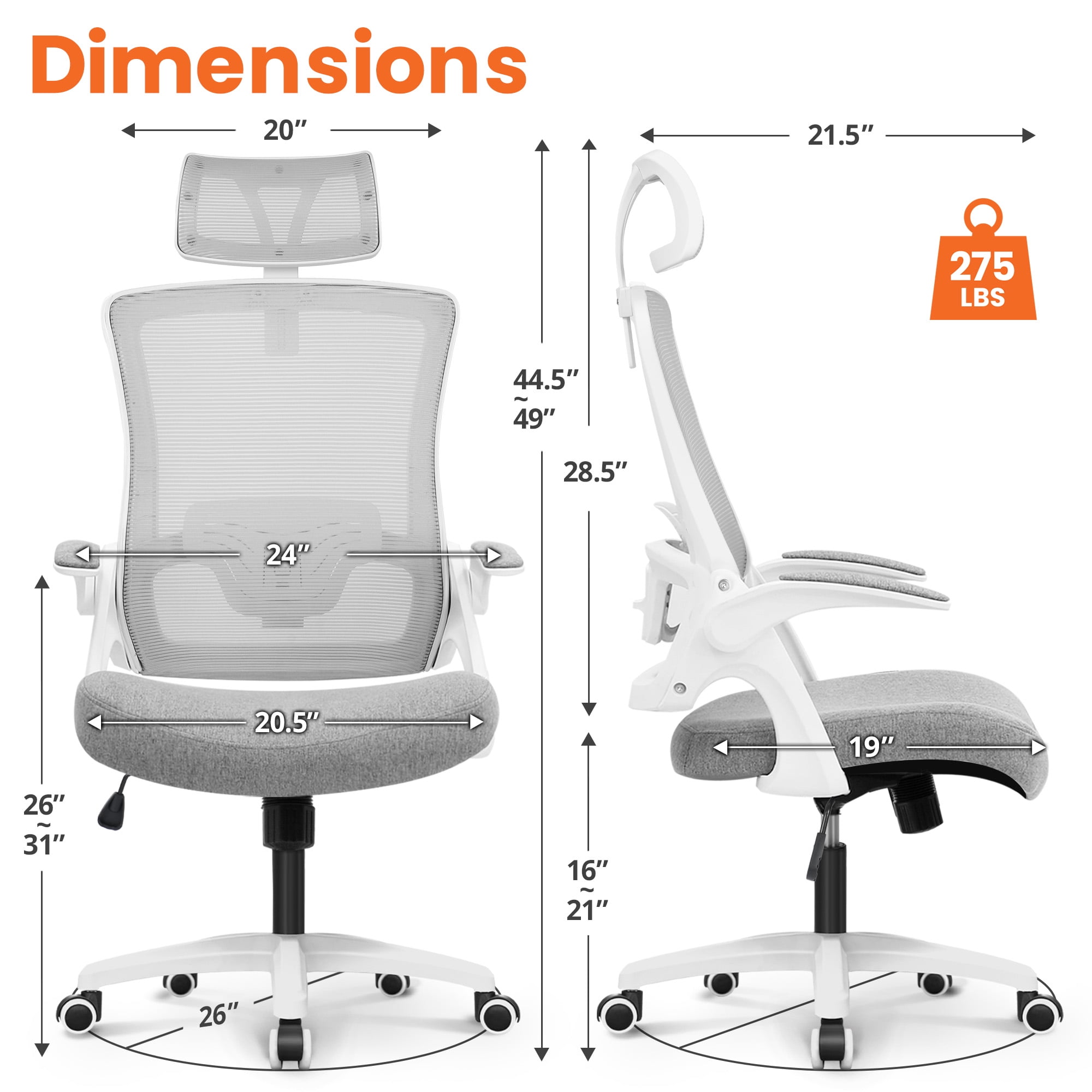 Neo Chair High Back Ergonomic Desk Chair Office Chair, Breathable Mesh Desk Chair with Adjustable Lumbar Support and Headrest, Gray