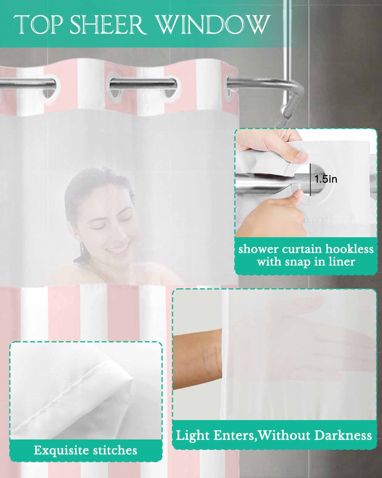 No Hook Shower Curtain with Snap in Liner, Pink and White Striped Geometric Hotel Shower Curtains for Bathroom, Washable Shower Curtain Liner Set with Mesh Top Window, 72"x72"