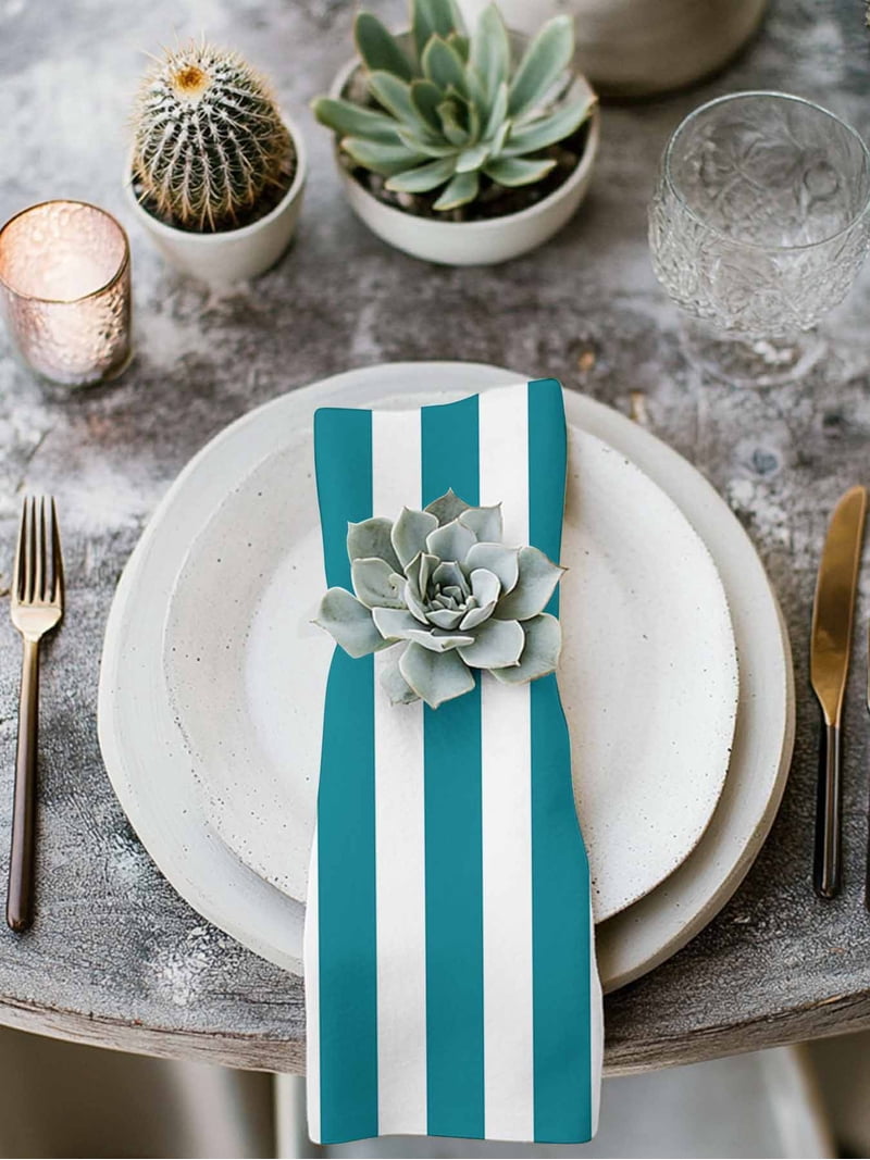 Teal Striped Cloth Napkins Washable Set of 8, Simple Art Vertical Stripe Farmhouse Reusable Dinner Table Napkins Cloth Bulk for Weddings Kitchen