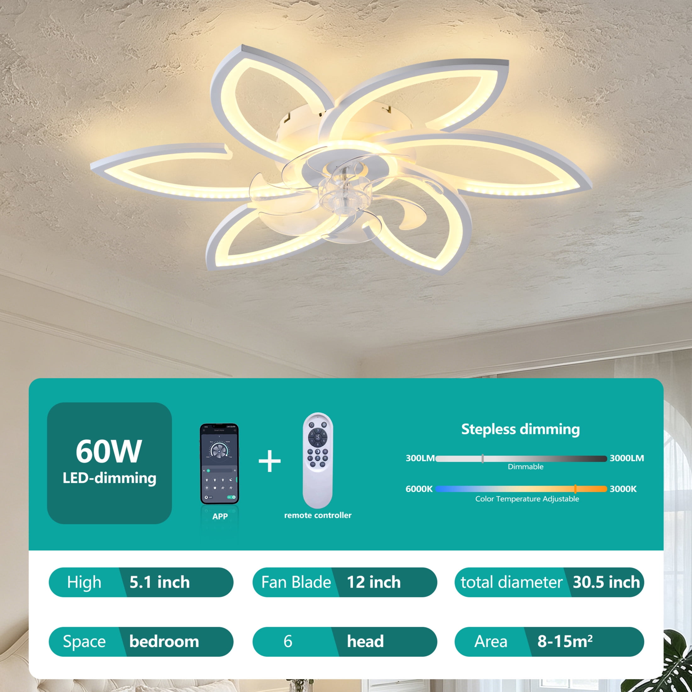 GDF Studio 6-Head Flower Ceiling Fan with LED Lights, Remote & App Control, Low Profile Fandelier for Home Decor, Black