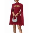 thumbnail image 1 of Women'S Round Neck Ribbed Chiffon Dress with Pearl Detail Cape Style Bodycon Slip Dress Red M, 1 of 6