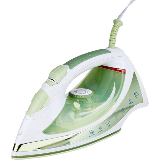 plancha suela cerámica man 1200w color verde plancha de vapor verde y blanca, vista 3/4 derecha; suela de cerámica visible, depósito translúcido 350 ml, regulación de vapor en tres posiciones (16.7 gr/min), selector de temperatura por tipo de telas y rociador frontal; suele usarse también para refrescar telas delicadas en posición vertical.