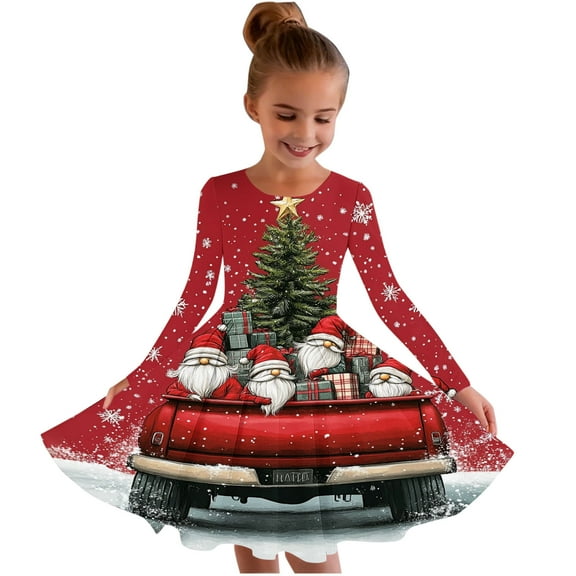 SuTry Girls Christmas Printed Long Sleeve Twirly Skater School Recital Dress Long Sleeve Round Neck Dress for Kids 4-15 Years(Multicolor#1,8-9 Years)