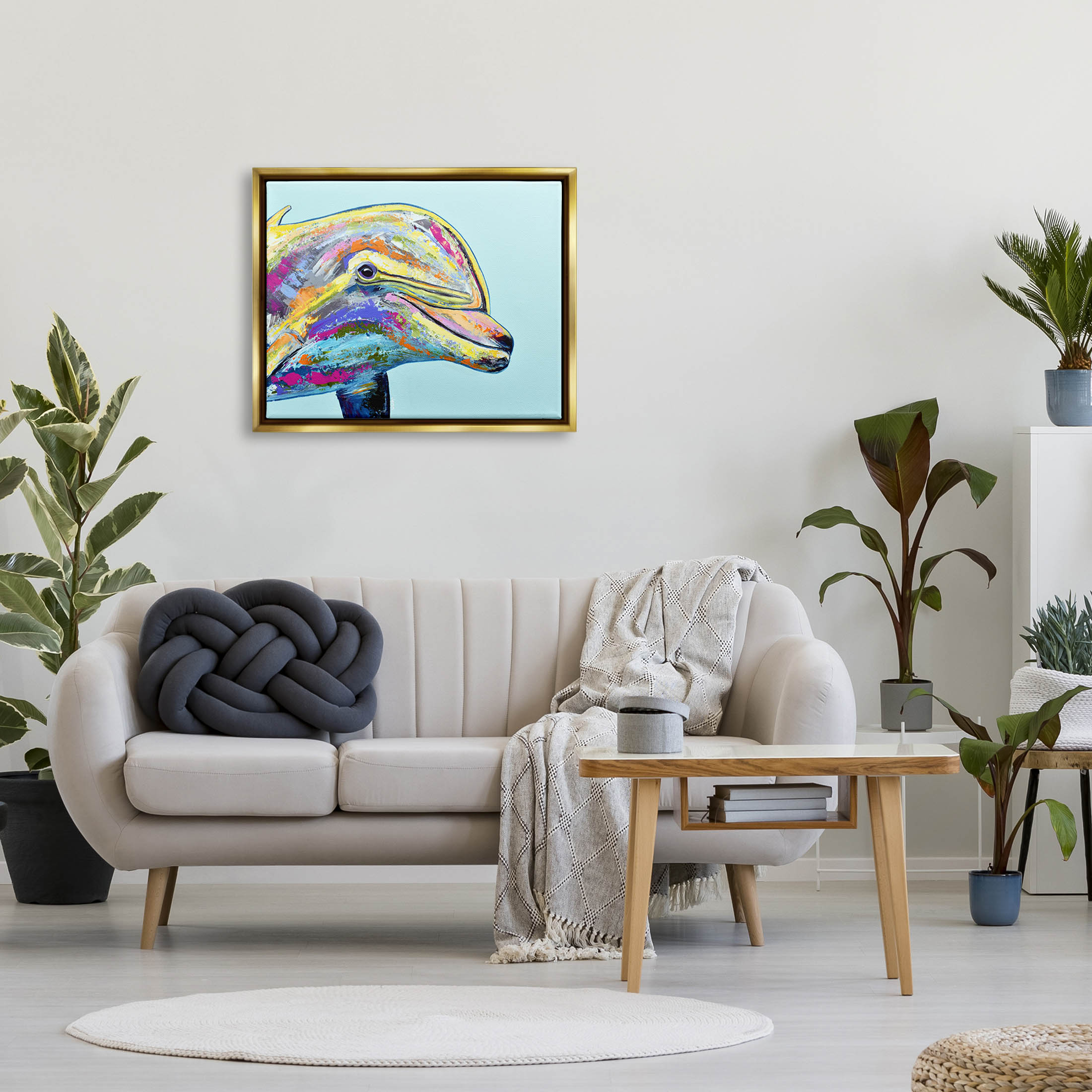 Marine Life Dolphin Turquoise Accent Animals & Insects Graphic Art Metallic Gold Framed Art Print Wall Art