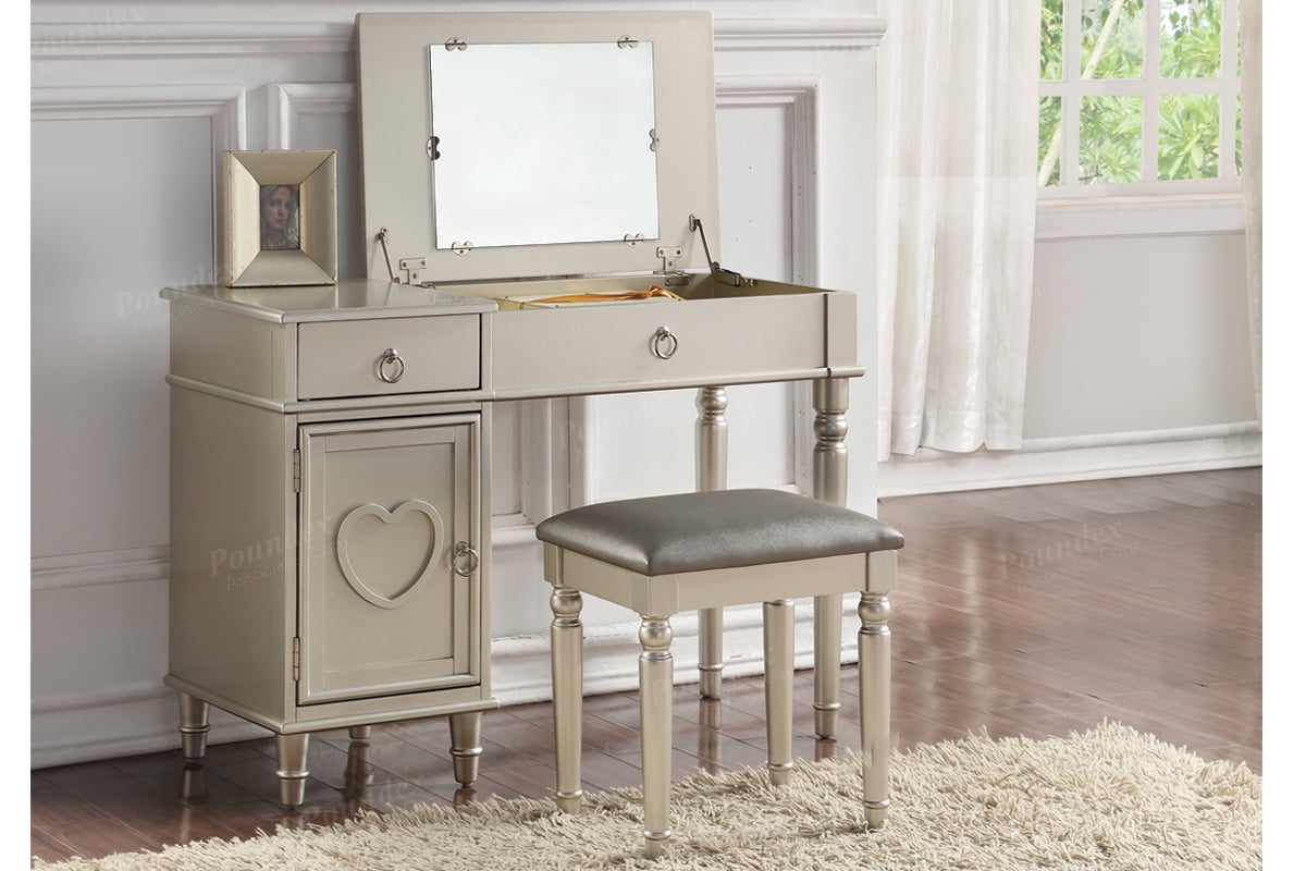 Poundex F4178 Bobkona Alice Flip Up Mirror Vanity Set Silver