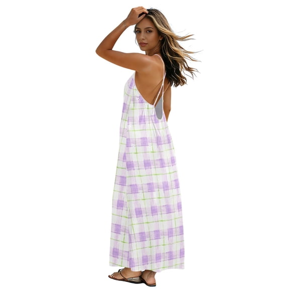 Plus Size Sundress for Women 2026 Flowy Strappy Backless Dress Lightweight Long Dress for Beach Vacation, Lavendergrid Design