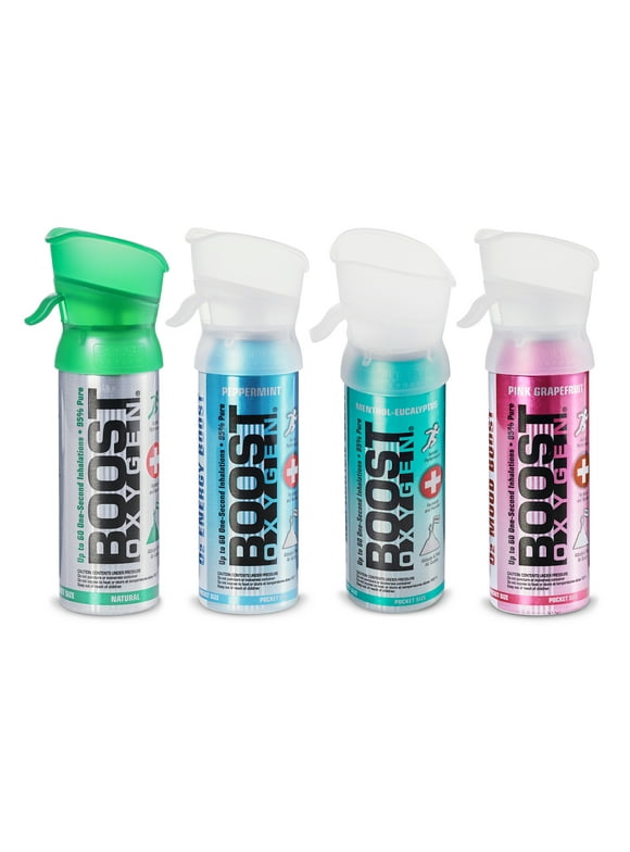 Boost Oxygen 3L Pocket Sized Canned Oxygen Bottles w/Mouthpieces, 4 Flavors