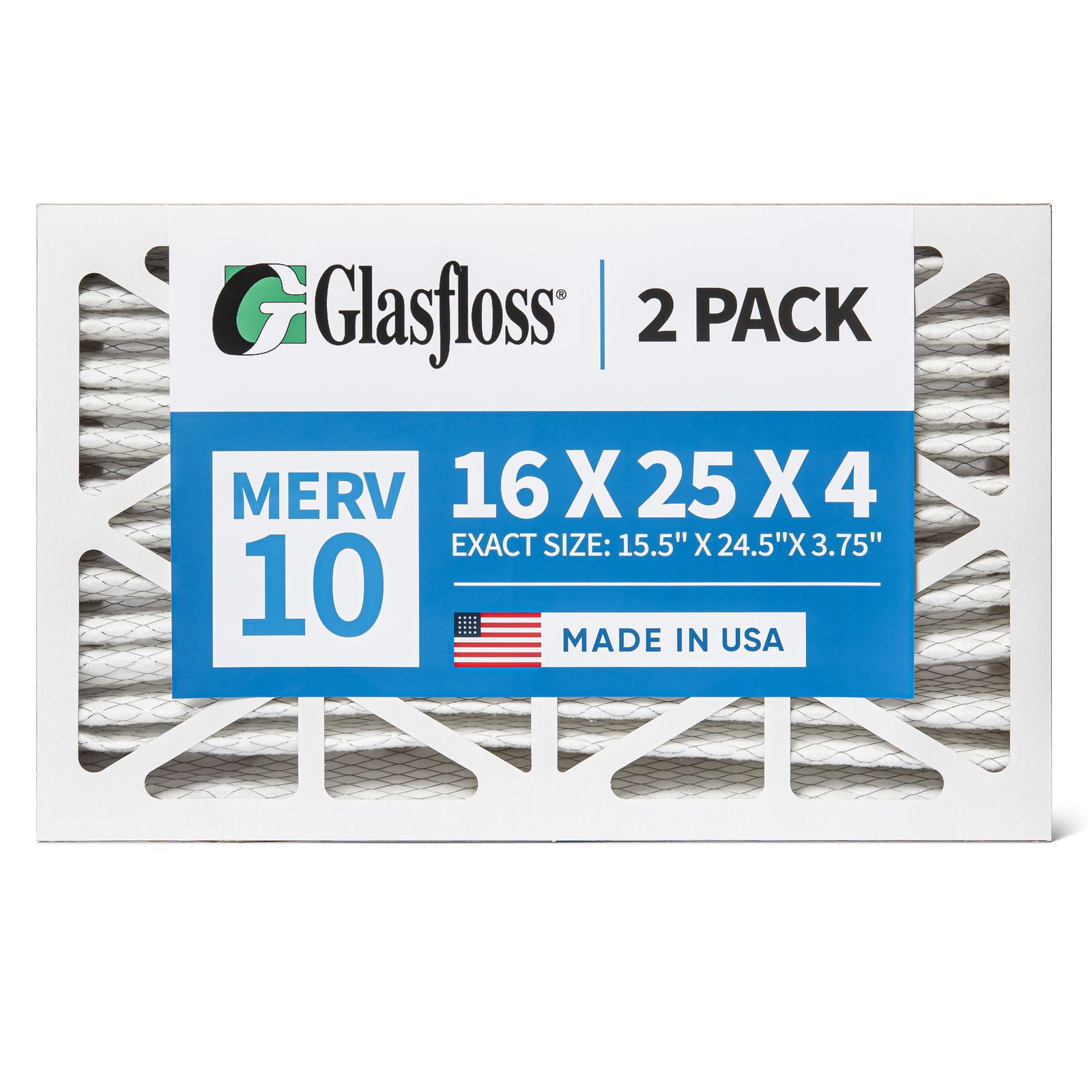 2 Pack of 16x25x4 MERV 10 Pleated 4" Inch Air Filters by Glasfloss. Actual Size: 15-1/2 x 24-1/2 x 3-3/4