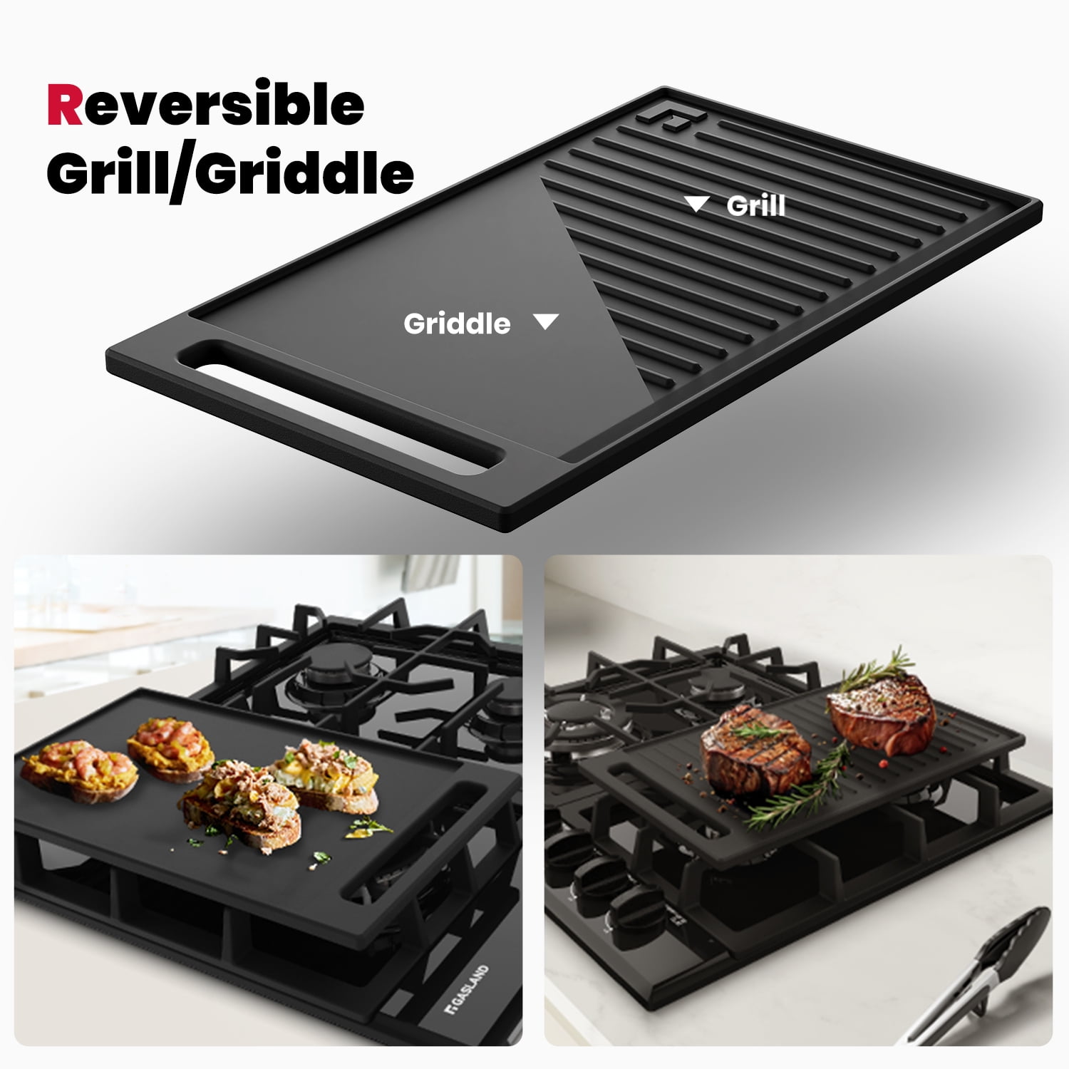GASLAND GH60EF 24" Built-in Gas Stove Top, Black Ename Gas Cooktop with Griddle, 4 Sealed Burners, ETL
