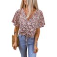 thumbnail image 4 of POGLIP Blouse à Nouer Florale Multicolore pour Femmes Centre V Cou, 4 of 6