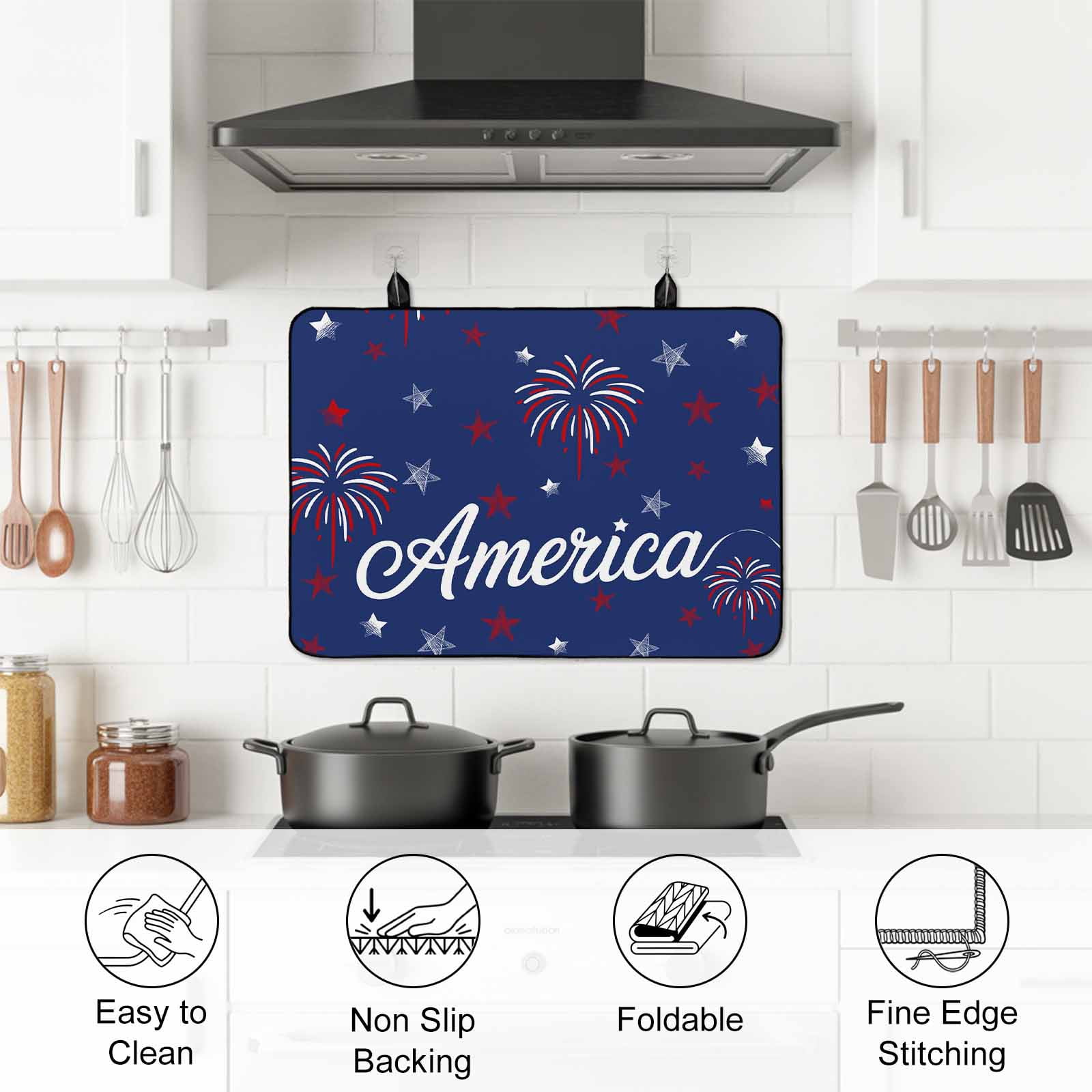 American Independence Day Stove Top Cover for Electric Stove, Heat-proof & Non Slip Glass Top Stove Cover Protector, Red Blue Fireworks Retro Stars Kitchen Flat Cooktop Rubber Mat 24x21 Inches