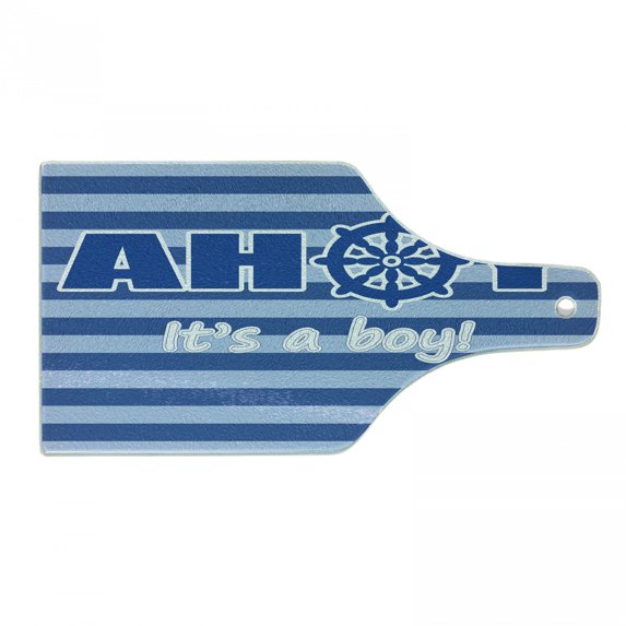 Ahoy Its a Boy Cutting Board, Shower New Birth Announcement Marine Wheel Striped Backdrop, Decorative Tempered Glass Cutting and Serving Board, Wine Bottle Shape, Pale Blue White Blue, by Ambesonne