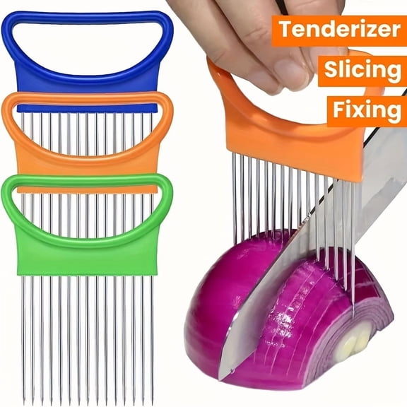 Stainless Steel Onion Holder for Slicing, Non-Slip Vegetable Cutting Guide Tool, Onion Slicer Holder for Safe & Even Slices, Tomato Cutter Helper for Fruits and Vegetables, Kitchen Food Preparation