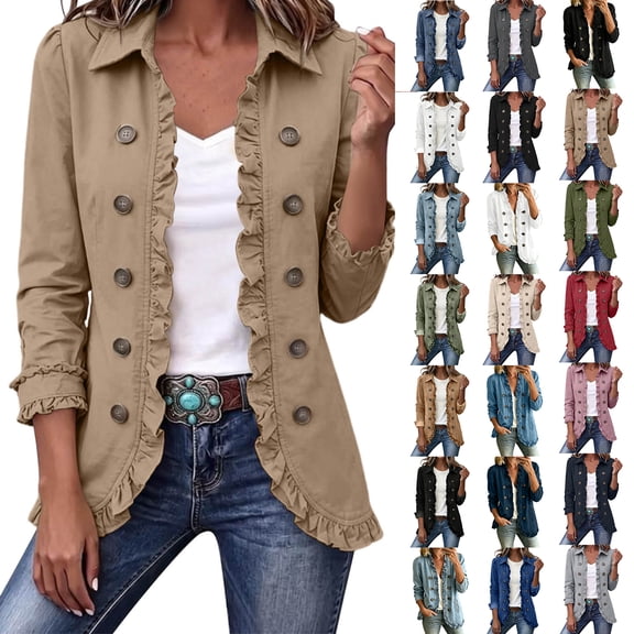 Chiccall Denim Jackets for Women Women's Classic Button Front Collared Ruffle Trim Relaxed Jean Jacket Casual Outerwear With Pockets Khaki S