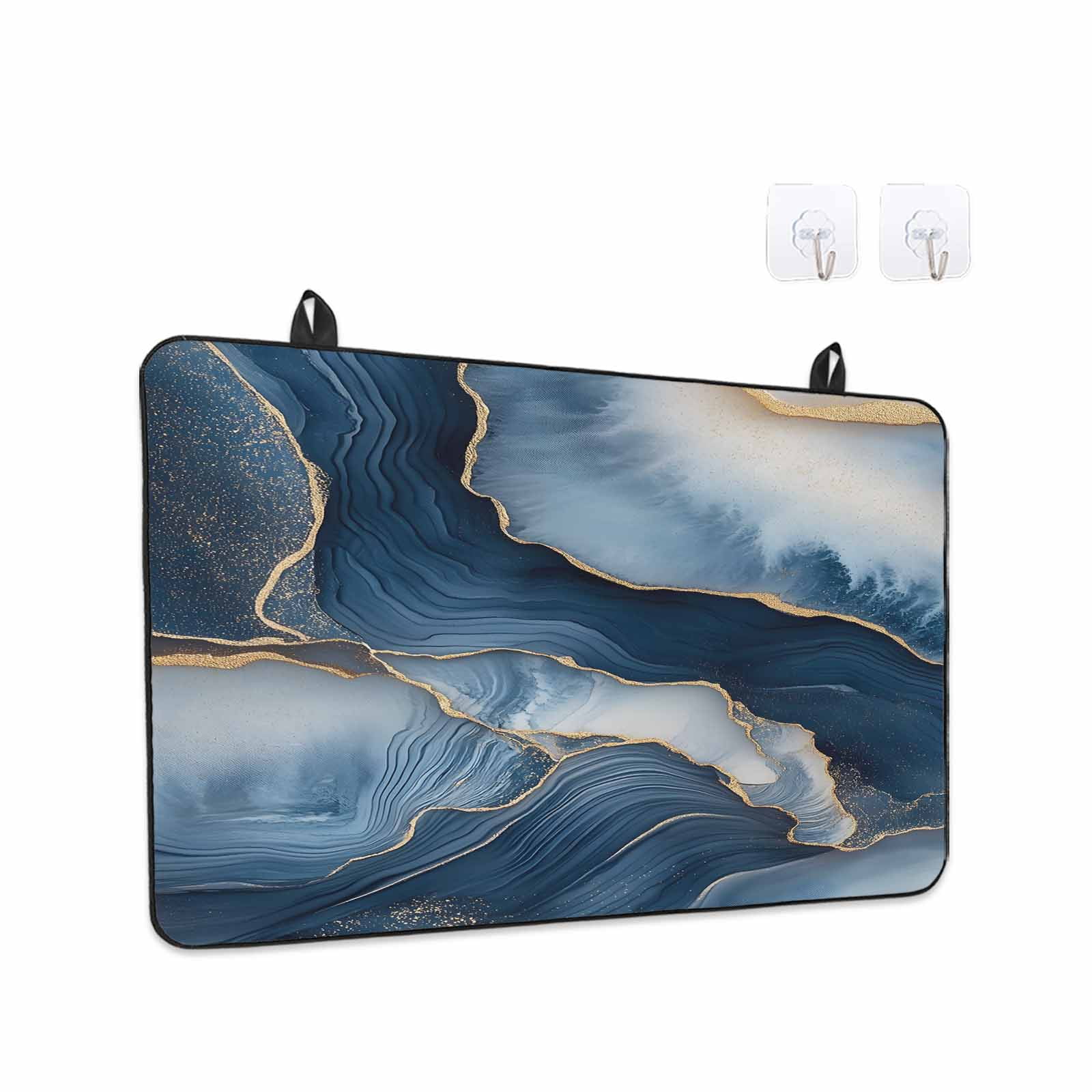 Navy Blue Marble Stove Top Cover for Electric Stove, Heat-proof & Non Slip Glass Top Stove Cover Protector, Modern Ink Painted Artwork Kitchen Flat Cooktop Rubber Mat 24x21 Inches