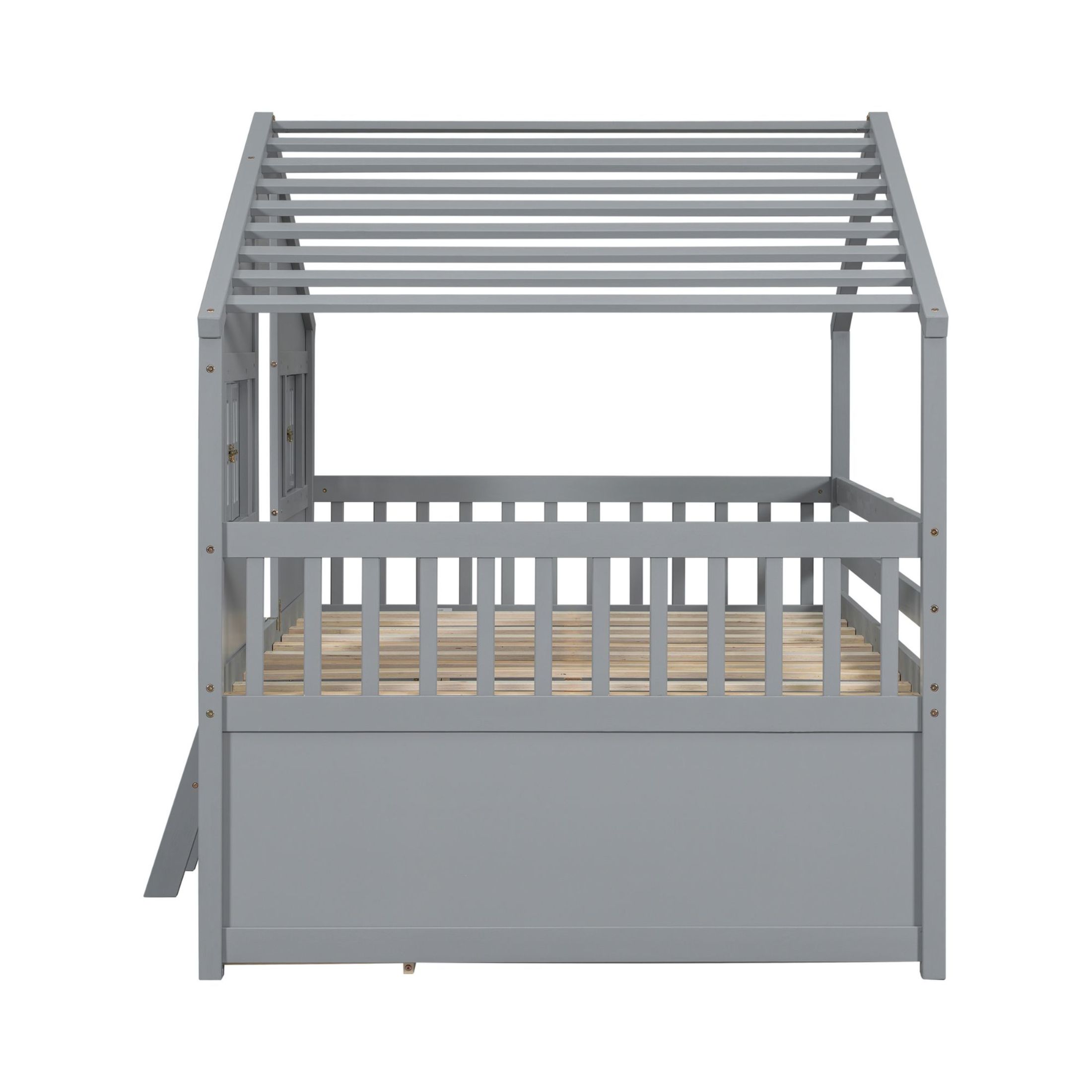 Noble House Full Size House Loft Bed, Pine Wood Frame with Roof, Windows, Ladder, and Storage Drawers, Grey