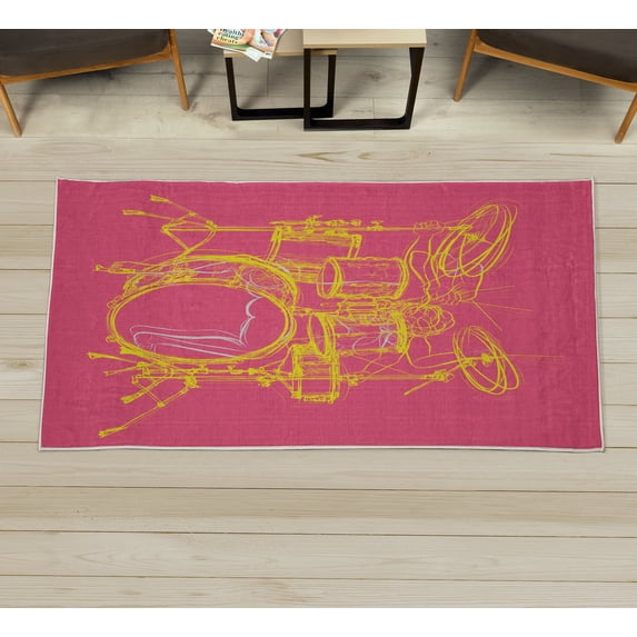 Rock Music Decorative Rug, Doodle Drawing Sketch Drummer Musical Inspirations Monochrome Arrangement, Quality Carpet for Bedroom Dorm and Living Room, 6 Sizes, Pink Yellow, by Ambesonne