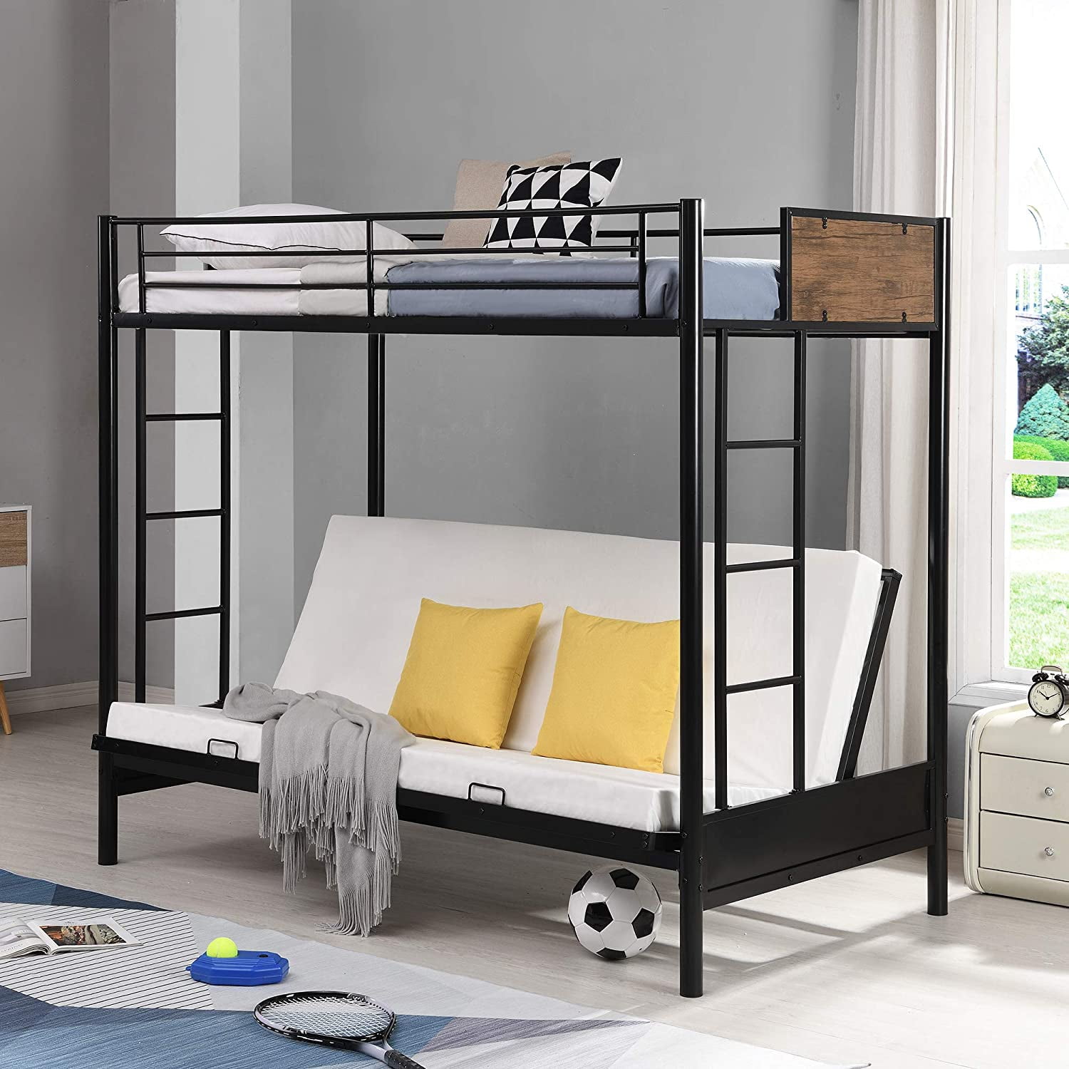 Piscis Convertible Twin Over Futon Bed, Triple Bunk Bed With Futon