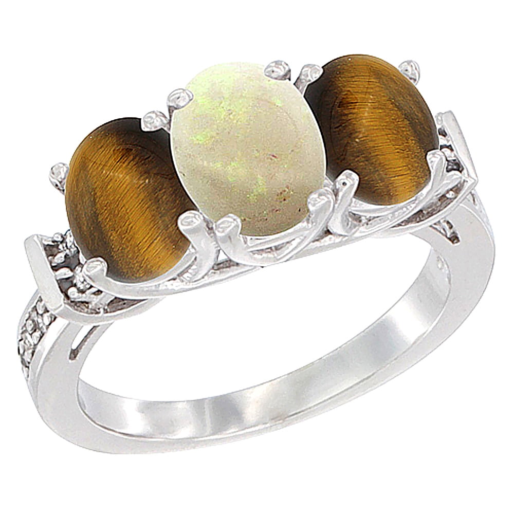 10K White Gold Natural Opal & Tiger Eye Sides Ring 3-Stone Oval Diamond Accent, sizes 5 10 by WorldJewels
