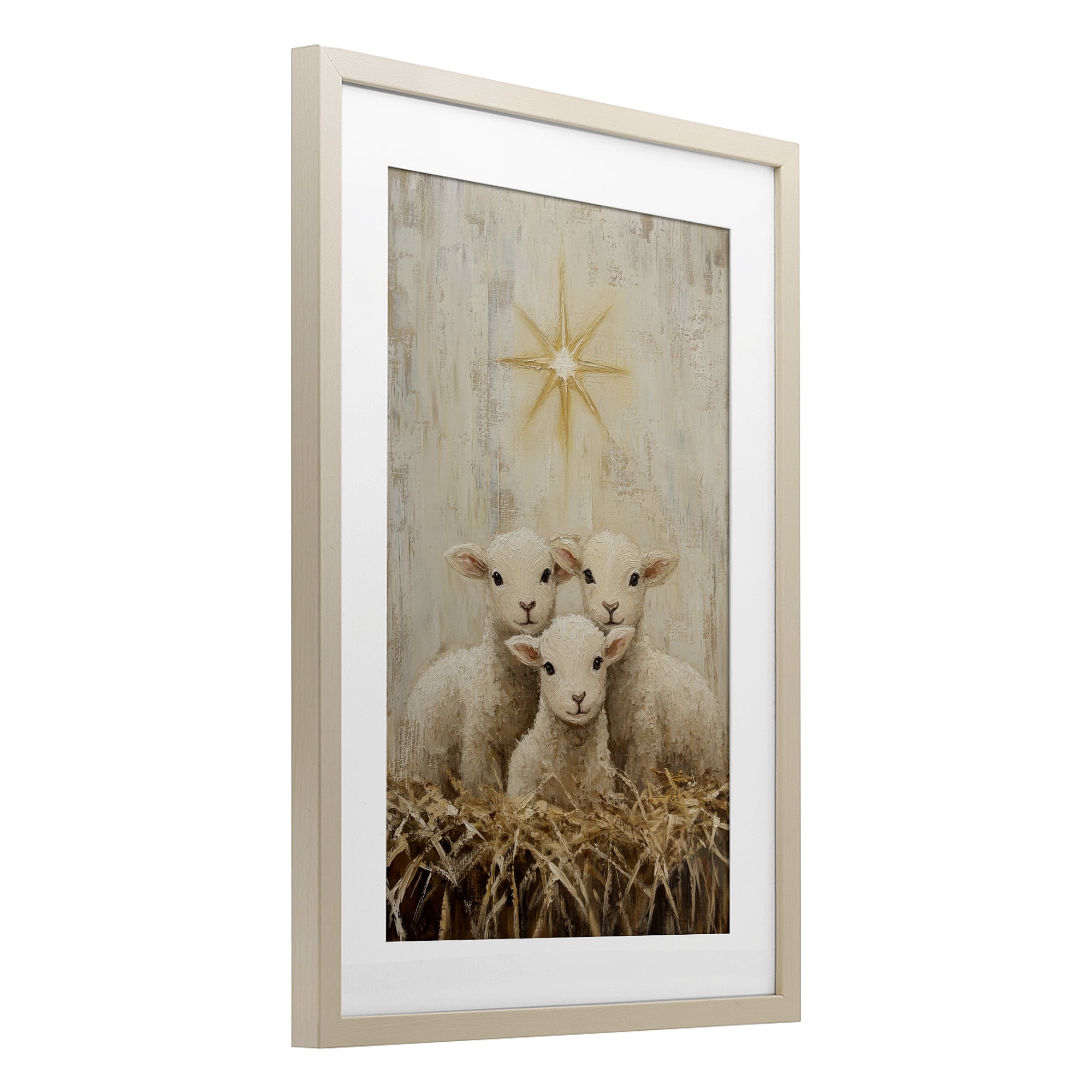 Christmas Lambs Trio Birch Framed Print Under Glass, design by Petal Prints Design