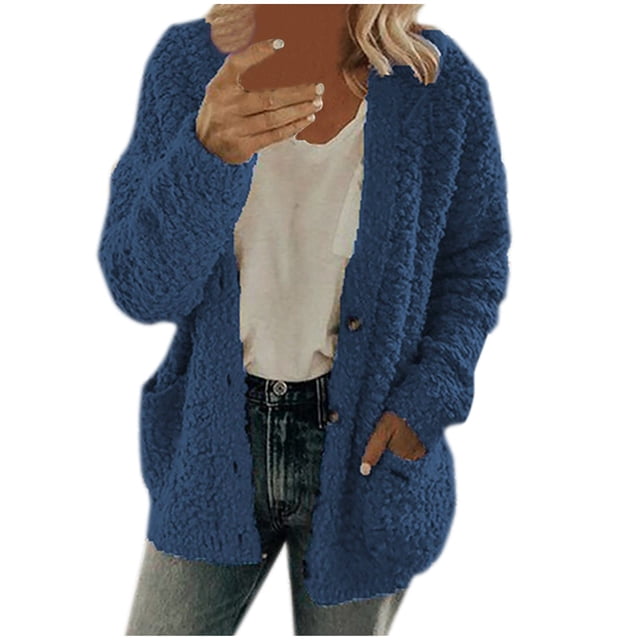 Women Solid Color Coat Warm Winter Overcoat Windproof Outer Coat Fluffy Jacket Button Down Overcoat Long Sleeve Cardigan