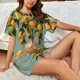 thumbnail image 4 of Balery Retro Warm Lemon Flower Conjunto de Pijama para Mujer con Estampado, Dos Piezas de Manga Corta y Shorts, Ropa de Dormir Suave con Cuello Redondo y Bolsillos-XX-Large, 4 of 6