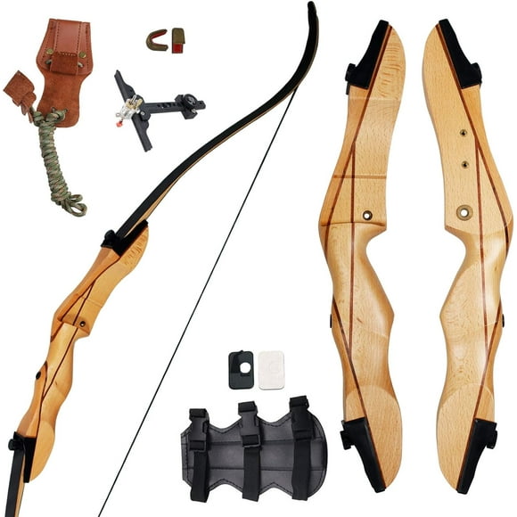 62" Recurve Bow Wooden Takedown Archery Bow 20 25 30 35 40lbs Draw Wight Included Arrow Rest Pad Stringer Tool String Nocks for Right and Left Hand