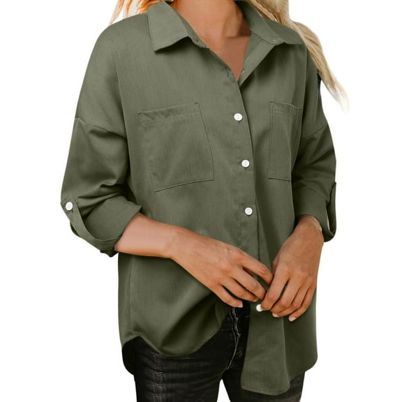 BKQCNKM Long Sleeve Shirts For Women Women Loose Denim Shirt Pocket Long Sleeve Shirt Shirt Tops Coat Workout Tops For Women Womens Fall Fashion 2023 Army Green L