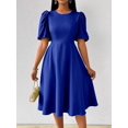 thumbnail image 7 of Royal Blue Womens Fit And Flare Dress With Round Neck And Puff Sleeves, 7 of 7