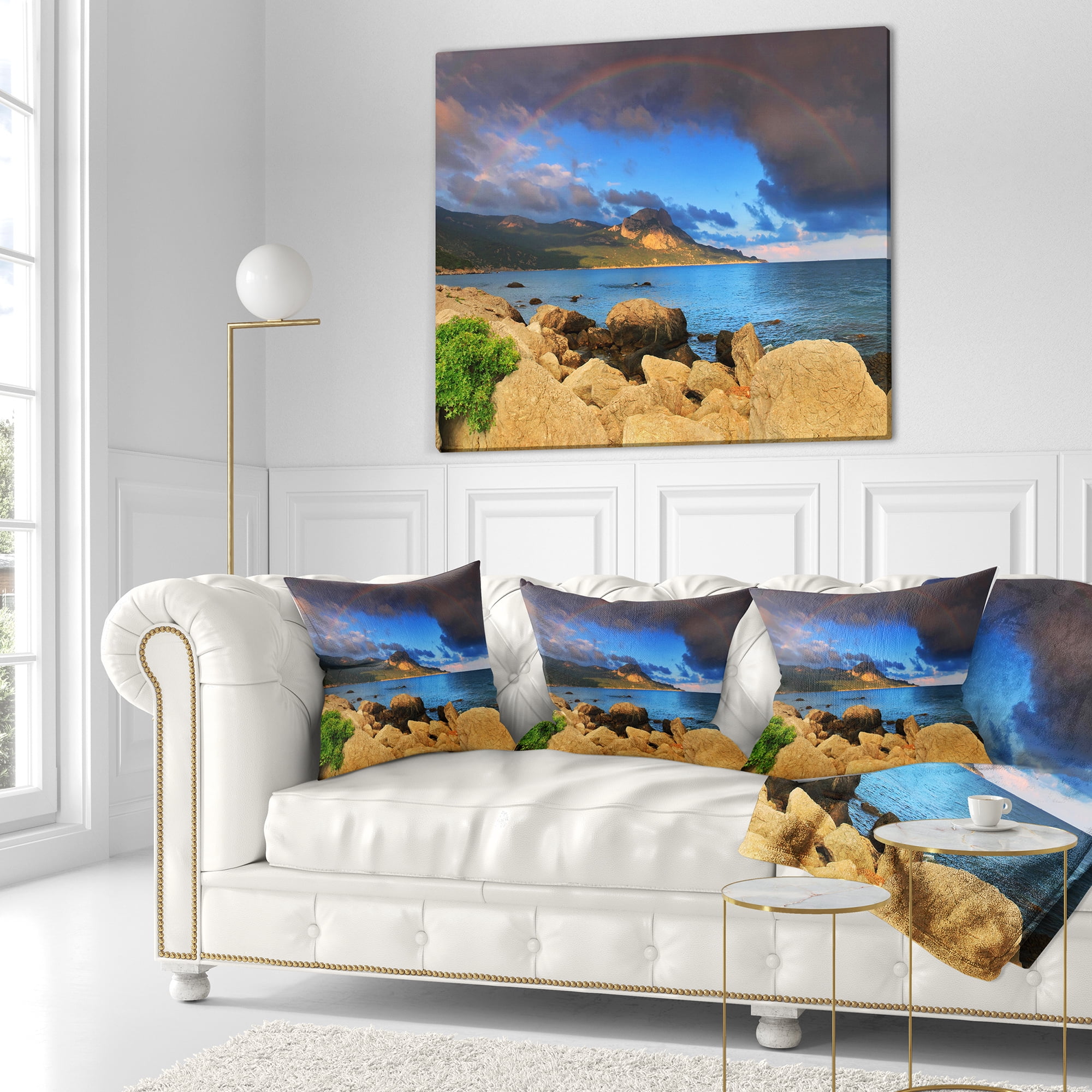 Designart Rainbow over the Ocean Bay - Modern Seascape Throw Pillow - 16x16