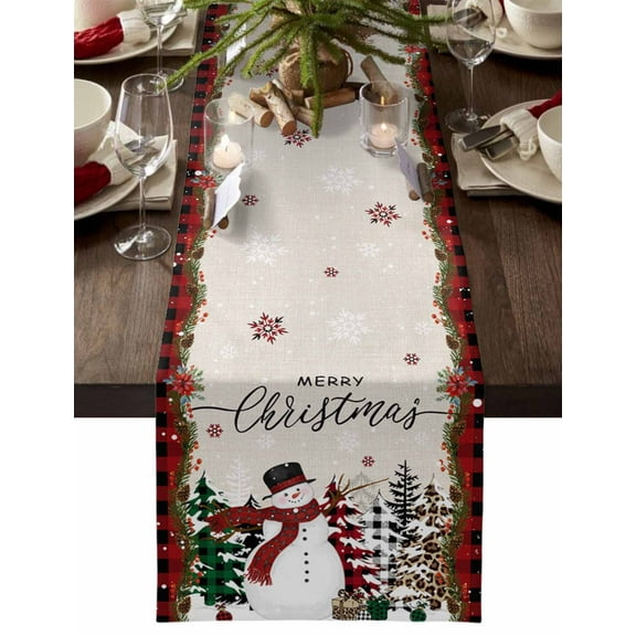 Christmas Table Runner Snowman Table Runners Merry Christmas Tree Red Black Plaid Cotton Linen Dresser Scarf Kitchen Dining Table Decor for Christmas Holiday Party Decor 13x36 Inch