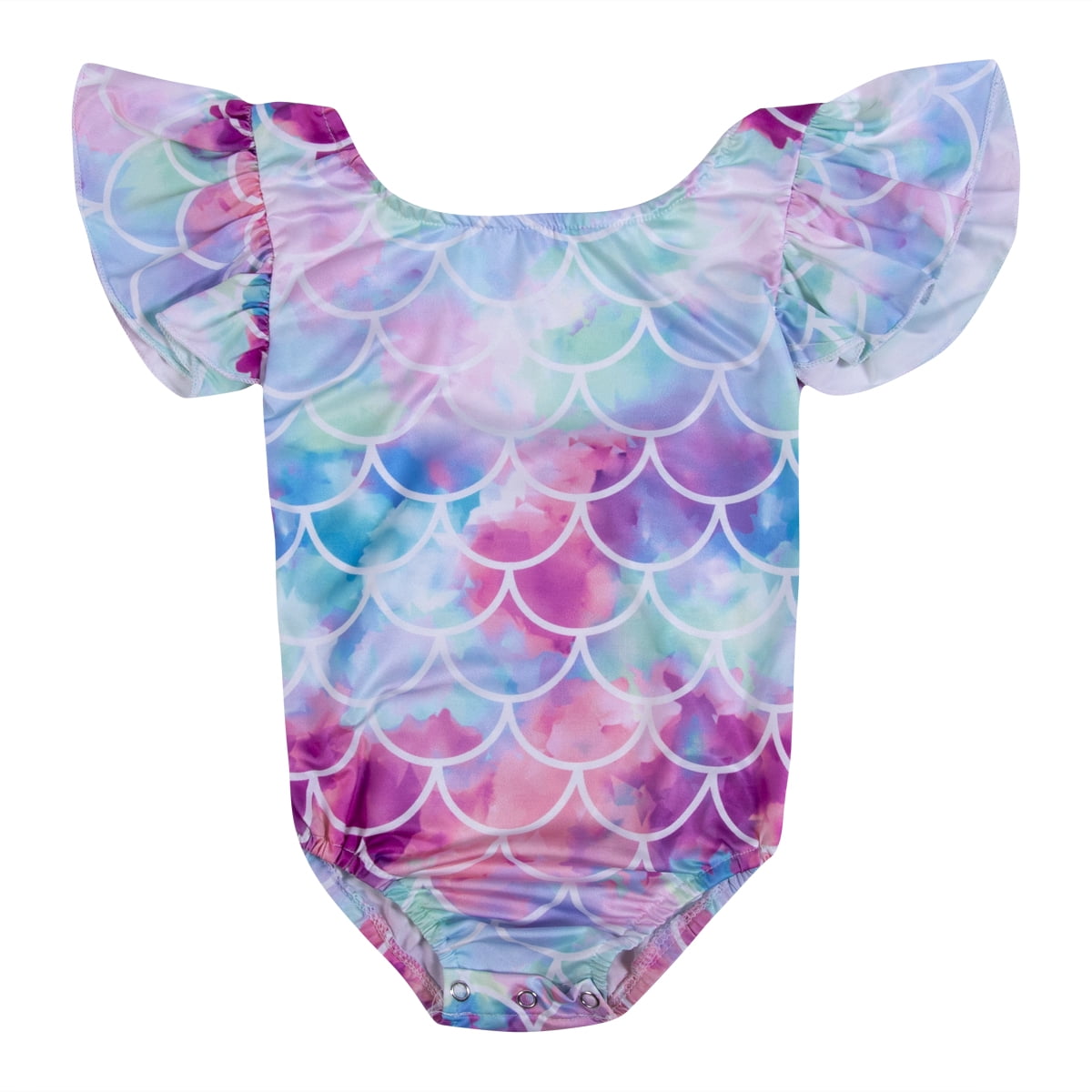 Baby Girls Colorful Fish Scale Mermaid Swimsuit Ruffles Sleeve One-Piece Swimwear Bathing Suit 