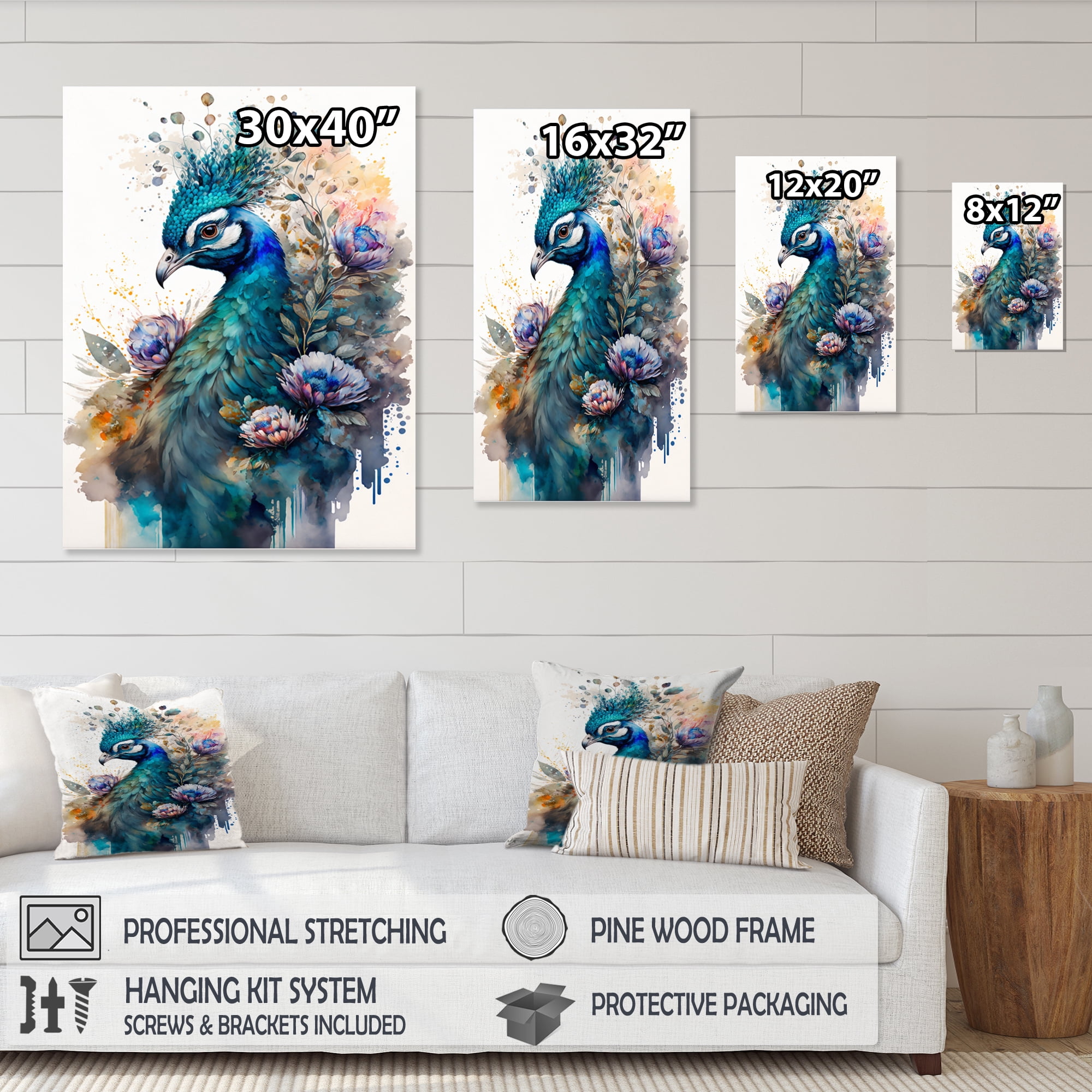 Designart Cute Peacock Floral Art II Canvas Wall Art