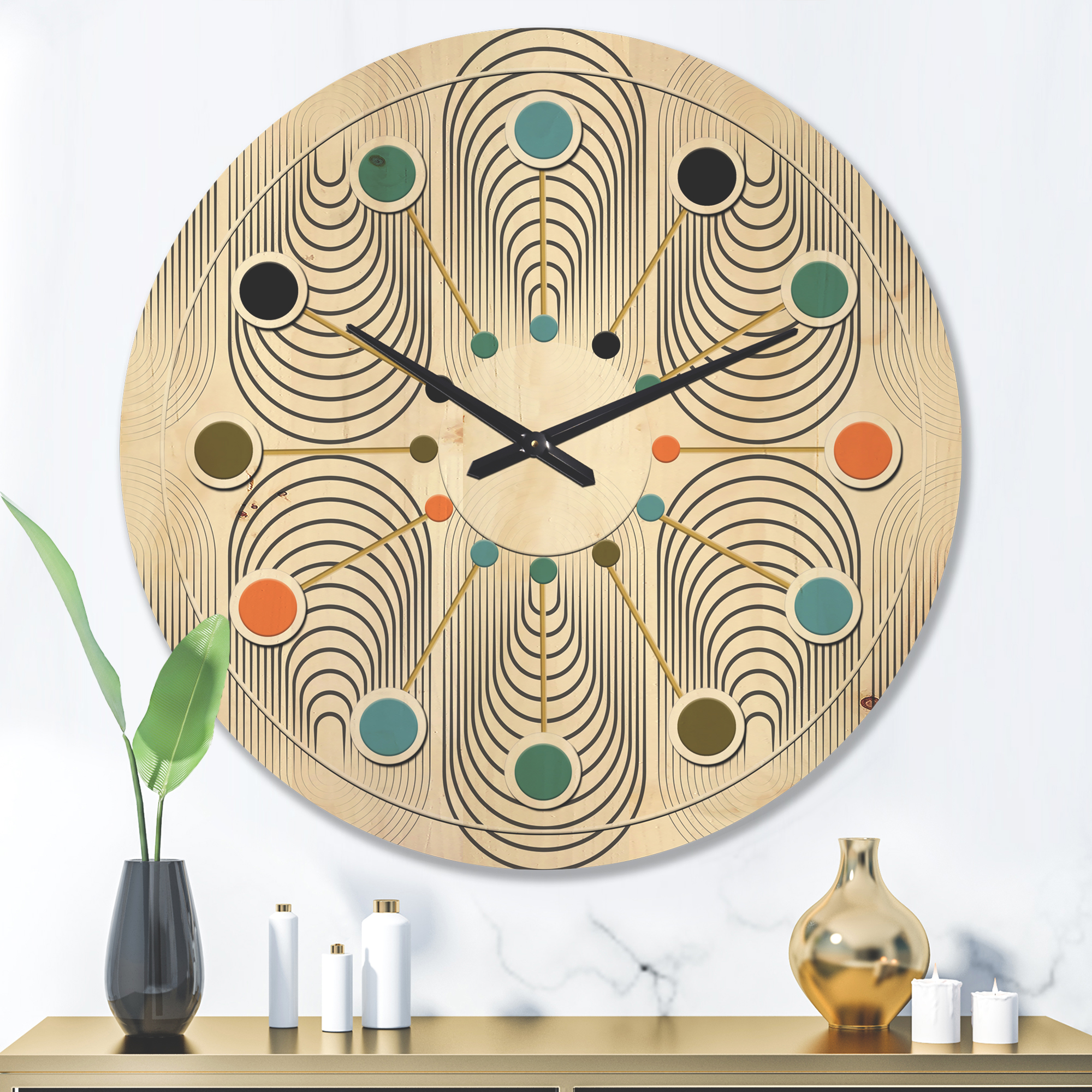 Designart 'Black and White Geometric Pattern IV' Mid-Century Modern Wood Wall Clock
