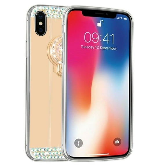 FIEWESEY For iPhone XS Max Mirror Case with Ring Holder Kickstand for Girls Women Bling Shining Rhinestone Diamond Luxury Makeup Case for iPhone XS Max 6.5 inch(Gold)