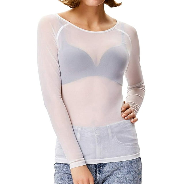 MKLEKYY Playeras Oversize Blusa De Malla Transparente De Manga Larga Sin Costuras Para Mujer Talla L
