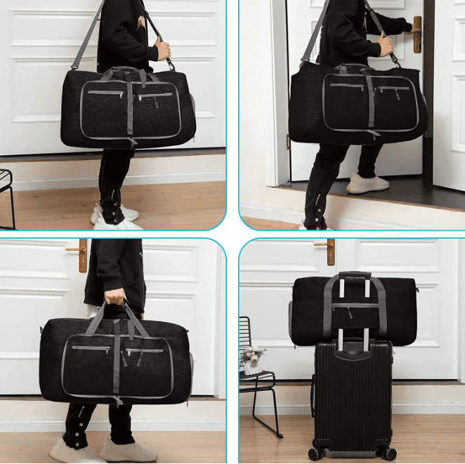80L Large Foldable Travel Duffle Bag, 28" Black Duffel Bag for Men Women, Foldable Gym Bag with Shoes Compartment, Overnight Bags Waterproof & Tear Resistant