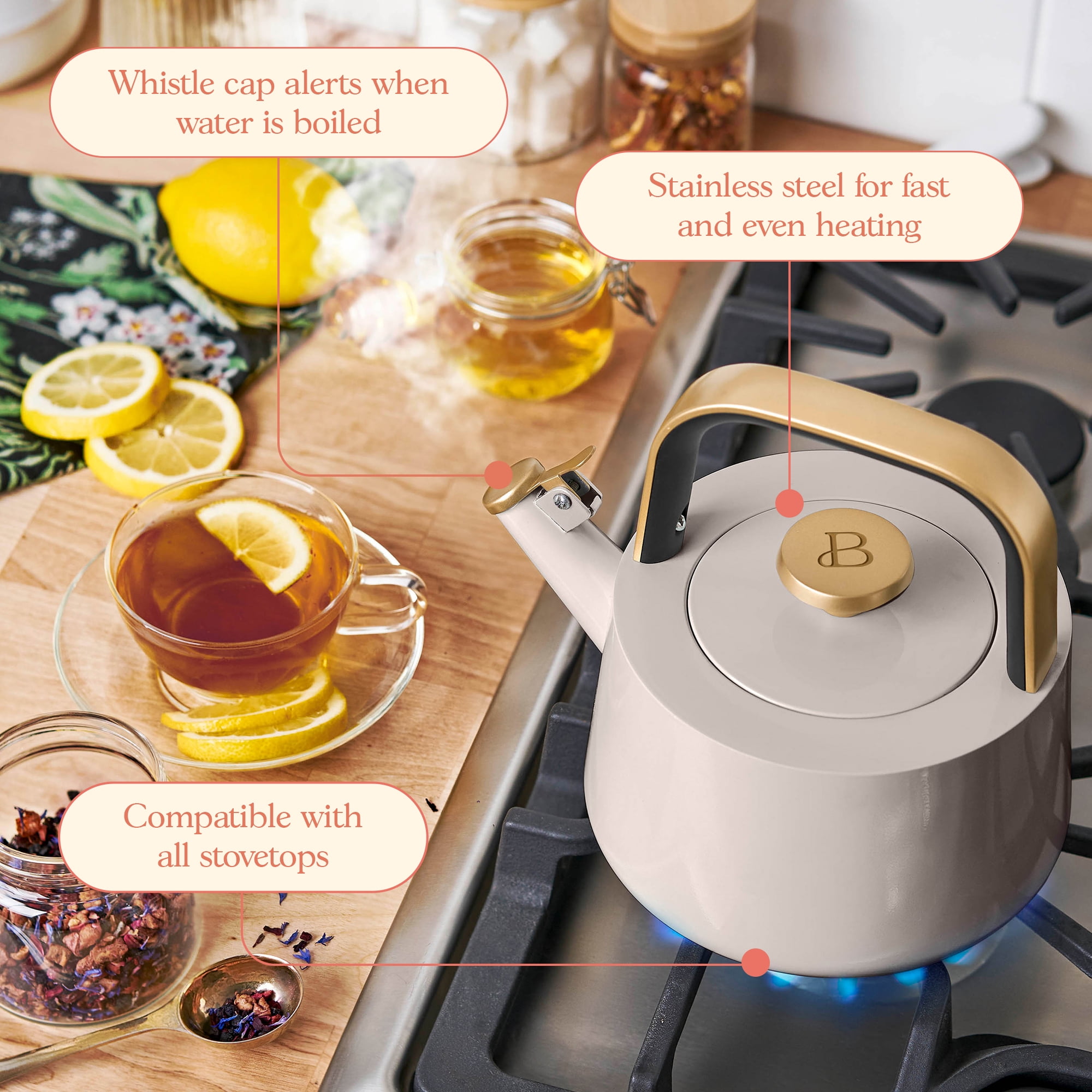 Beautiful 1.8L Ceramic Non-Stick Stovetop Tea Kettle, Porcini Taupe by Drew Barrymore