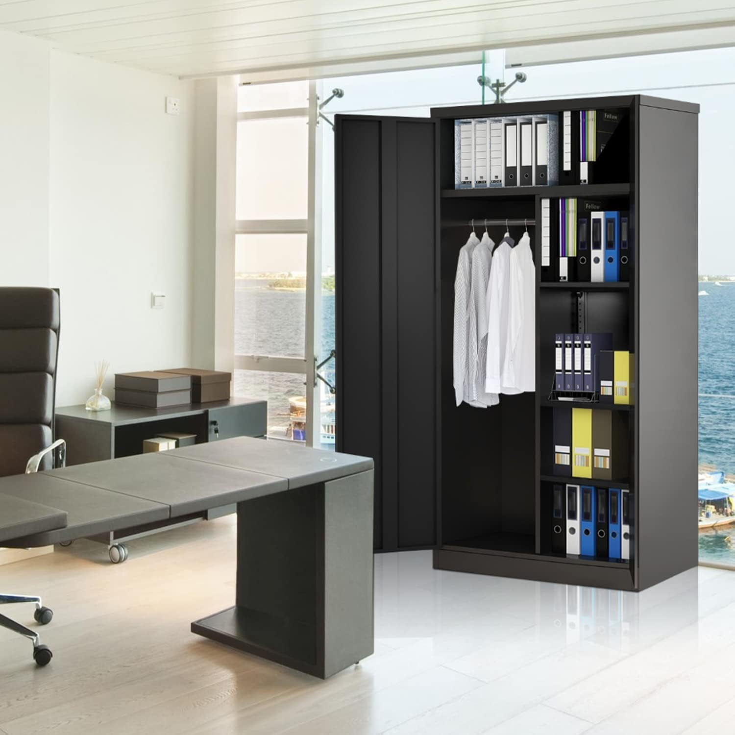 SUNCROWN Metal Wardrobe Closet with Lock, Clothing Locker, 72" H Storage Cabinets for Home Office, School, Employee, Gym, Government, Broom (Black)
