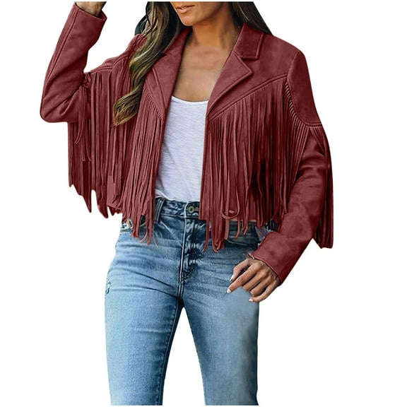 Lcziwo Suede Jacket for Women Fringe Tassels Faux Leather Cardigan Coats Long Sleeve Cowboy Style Lapel Cropped Jackets 2025 Wine,XL