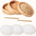 thumbnail image 3 of Vaporera de bambú de 25 cm - Vaporera de 2 niveles hecha a mano con tapa para cocinar al vapor, dim sum, verduras, arroz y pescado - 50 vaporeras de bambú, 3 of 5