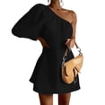 thumbnail image 4 of Primavera mujer moda delgada hombro oblicuo algodón Lino Vestidos elegante blanco negro solo hombro manga fiesta Mini vestido, 4 of 5