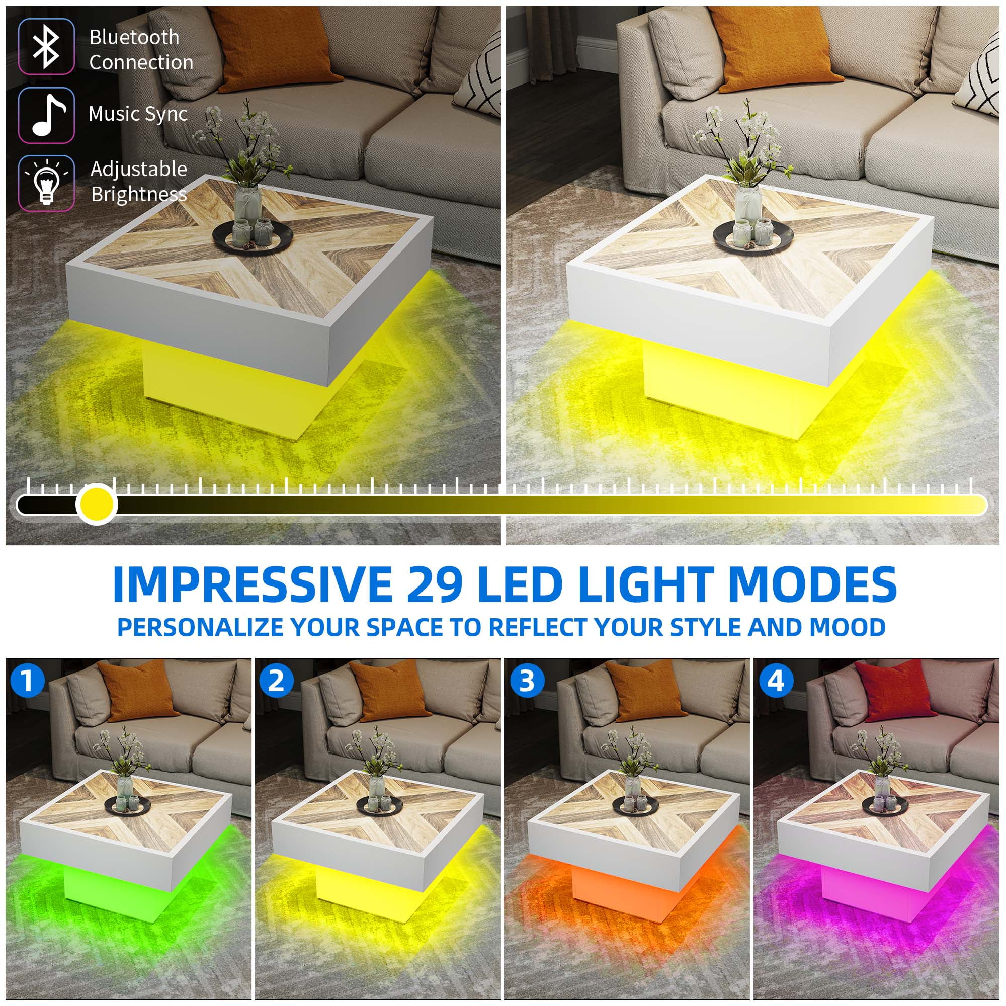 Dextrus Farmhouse LED Coffee Tables Square Center Table with Storage for Living Room, White
