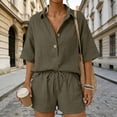 thumbnail image 5 of Summer Sets Linen Sets for Women 2 Piece Short Sleeve Shirt and Shorts Beach Outfits Casual Fashion Comfortable Solid Color Suits Army Green L, 5 of 7